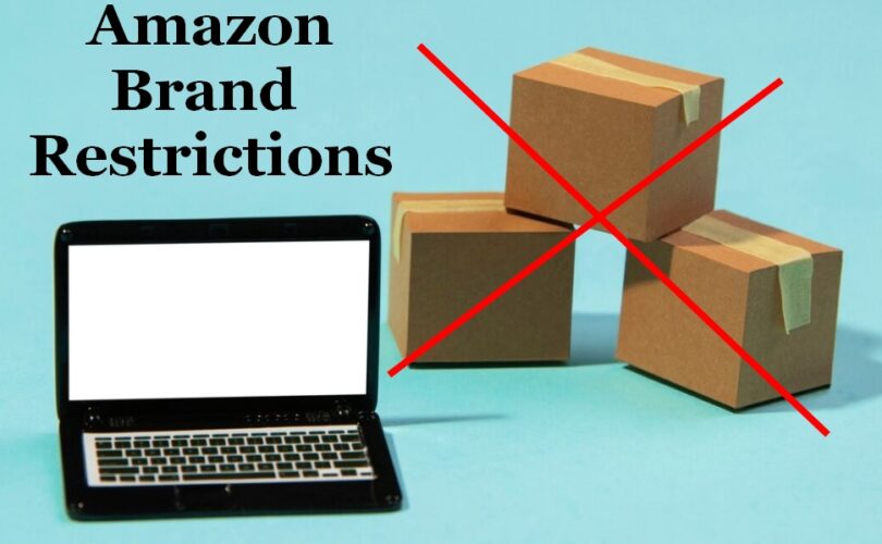 Amazon brand restrictions concept: a laptop with cardboard boxes on a blue background