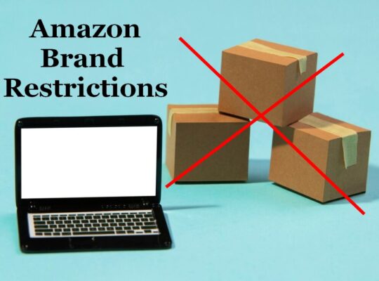 Amazon brand restrictions concept: a laptop with cardboard boxes on a blue background