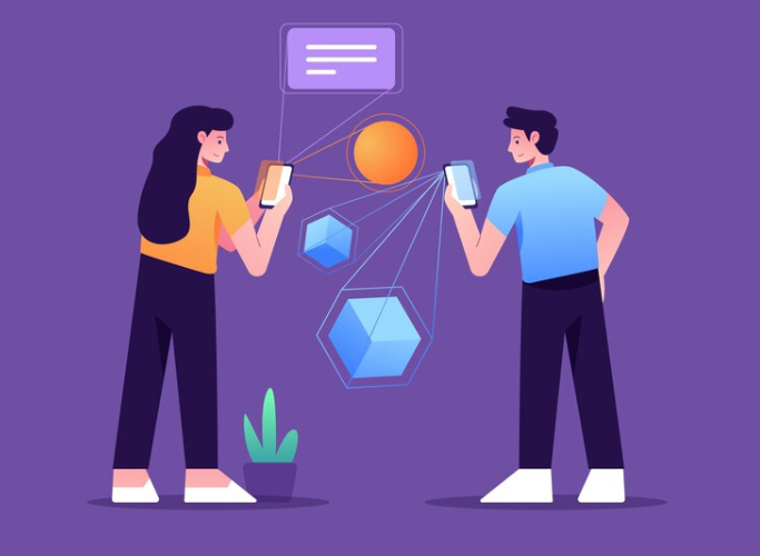 Two people with smartphones interacting with abstract digital shapes and a chat icon