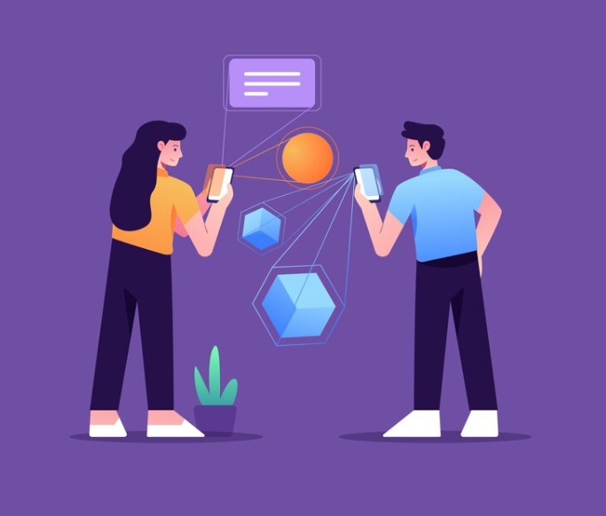 Two people with smartphones interacting with abstract digital shapes and a chat icon