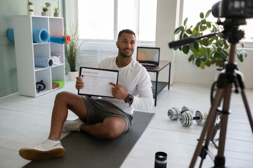 A man sits on a yoga mat, holding a schedule, filming for a sports vlog