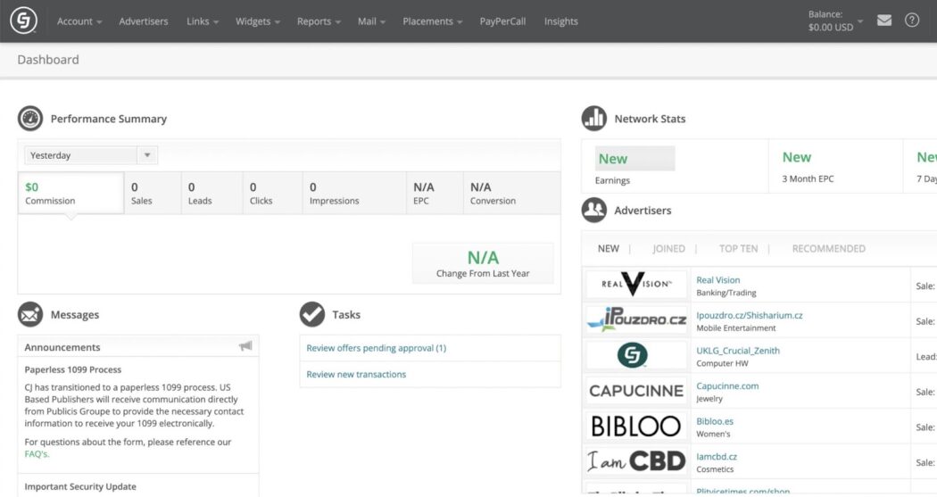 Commission Junction program dashboard