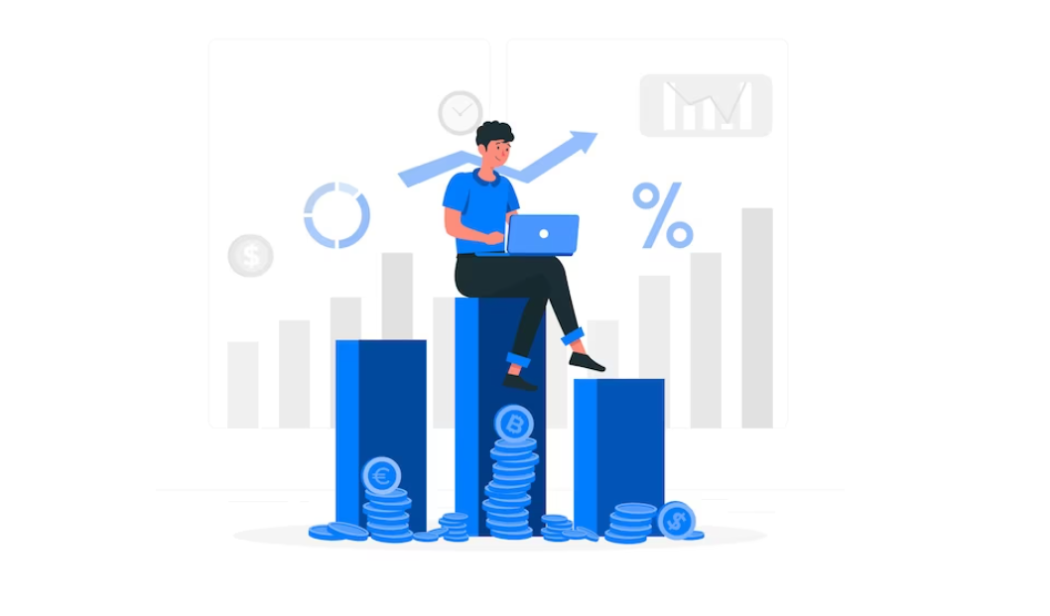 Illustration of a man sitting on a bar chart with financial icons in the background