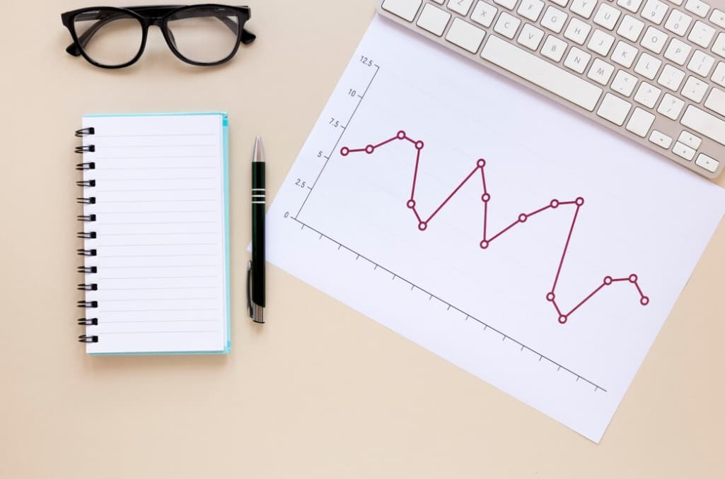 Line graph on paper beside glasses and a keyboard, with a notepad and pen