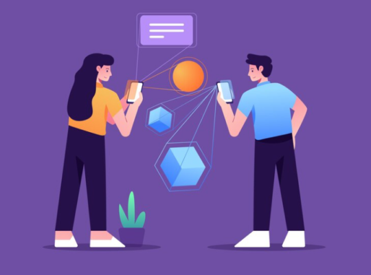 Two people with smartphones interacting with abstract digital shapes and a chat icon